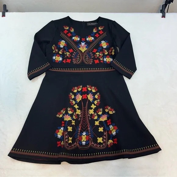 Lai Meng Five Cats Embroidered Floral Folk art Mini Dress Black Size XL NWT - Picture 3 of 14